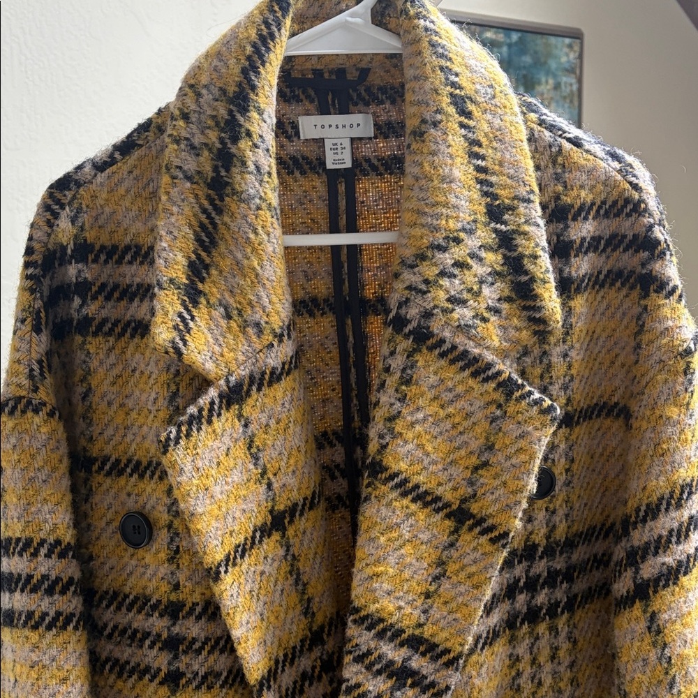 Topshop Yellow and Black Plaid Mid-Length Coat